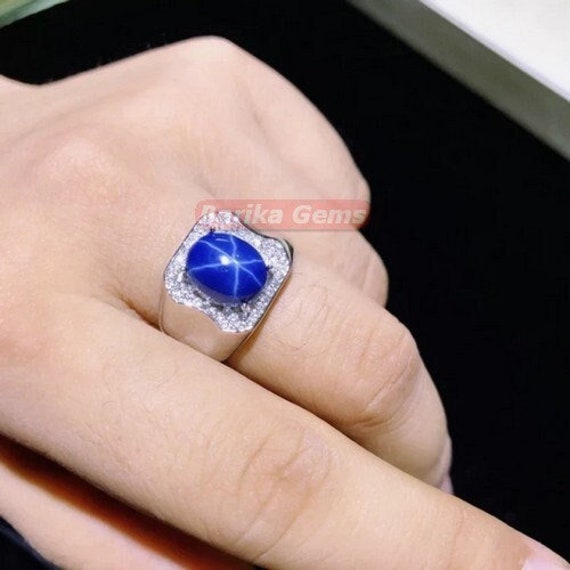 Blauer Stern-Saphir-Herrenring 925 Sterlingsilber-Ring Lande-Stern-Saphir-Edelstein-Ring Für Bräutigam, Verlobungsring Jahrestag Geschenk Ihn von BARIKAGEMS