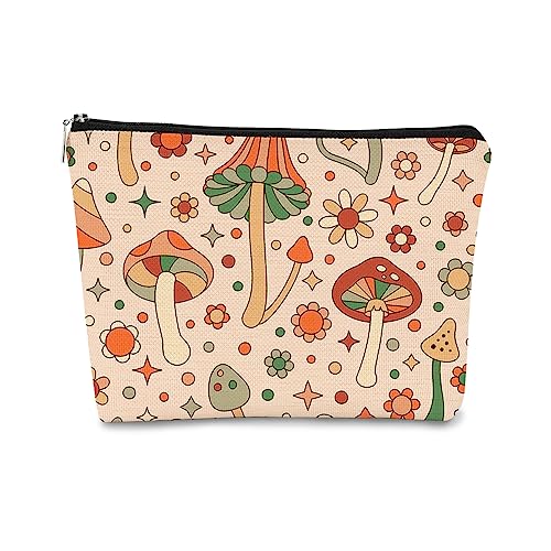 BARPERY Niedliche Make-up-Tasche, Groovy Hippie Retro Pilz-Geschenke, Pilz-Make-up-Tasche, Florale Kosmetiktasche, kleine Make-up-Tasche, Reise-Make-up-Tasche, Geschenke für Frauen, Teenager, Mädchen von BARPERY