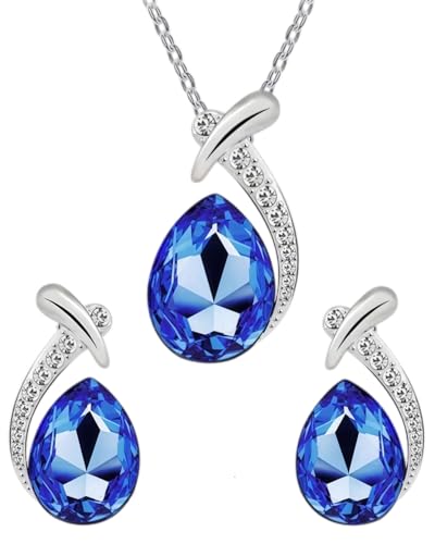 BARRU 1 Sätze Schmuckset Damen aus Silber - Teardrop Anhänger mit Cubic Zirkonia, Halskette & Ohrringe Set - Ideales Geschenk für Freundin oder Ehefrau zum Valentinstag(Blau) von BARRU