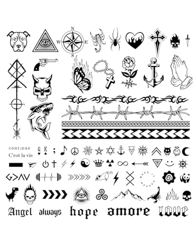 BARRU 3 Blätter 90+pcs Temporäre Tattoos 2 Wochen Schriftzug Tattoos zum Aufkleben Fake Tattoo Klebetattoo Kleine Mustern Coole Motiv für Halloween Männer Frauen - A von BARRU