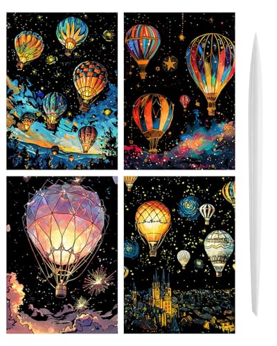 BARRU 4 Stück Kratzbilder Set DIY - Magic Rainbow Kratzpapier mit Nachtleuchtenden Motiven Inkl Kratzwerkzeuge - Perfektes Geschenk für Weihnachten Geburtstage (Heißluftballon) von BARRU