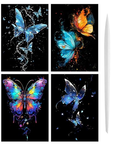 BARRU 4 Stück Kratzbilder Set DIY - Magic Rainbow Kratzpapier mit Nachtleuchtenden Motiven Inkl Kratzwerkzeuge - Perfektes Geschenk für Weihnachten Geburtstage (Schmetterling) von BARRU