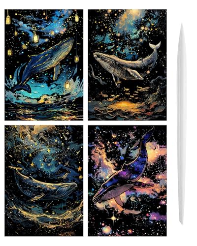 BARRU 4 Stück Kratzbilder Set DIY - Magic Rainbow Kratzpapier mit Nachtleuchtenden Motiven Inkl Kratzwerkzeuge - Perfektes Geschenk für Weihnachten Geburtstage (Wal) von BARRU