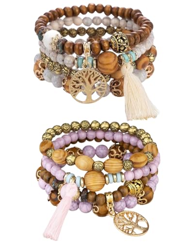 BARRU 8-teiliges Bohemian-Holzperlenarmband, 4-teiliges Set Bohemian-Quastenarmbänder, Damen-Lebensbaum-Charm-Armband, Kristallperlen von BARRU