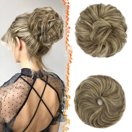 BARSDAR 2 Stücke Haarteil Mit Gummiband, Messy Haar Dutt Haargummi Extensions für Damen Synthetisch Haaren Hochsteckfrisuren Dickes Haardutt Haarverlängerung Haarteile - Mittleres Braun Mit Blond von BARSDAR
