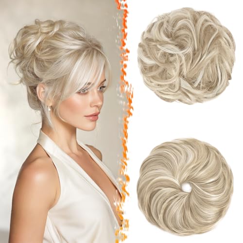 BARSDAR 2 Stücke Haarteil Mit Gummiband, Messy Haar Dutt Haargummi Extensions für Damen Synthetisch Haaren Hochsteckfrisuren Haardutt Haarverlängerung Haarteile - Mittleres Blond Mit Weißen Blond von BARSDAR