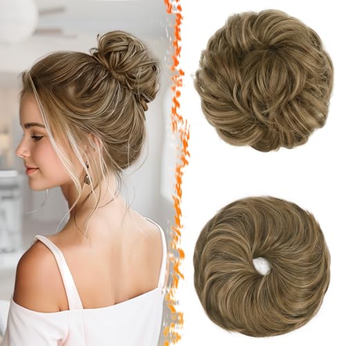 BARSDAR 2 Stücke Messy Bun Haarteil Mit Gummiband, Braun Blond Haar Dutt Haargummi Extensions für Damen Synthetisch Haaren Hochsteckfrisuren Dickes Haardutt Haarverlängerung Haarteile Tägliche Party von BARSDAR
