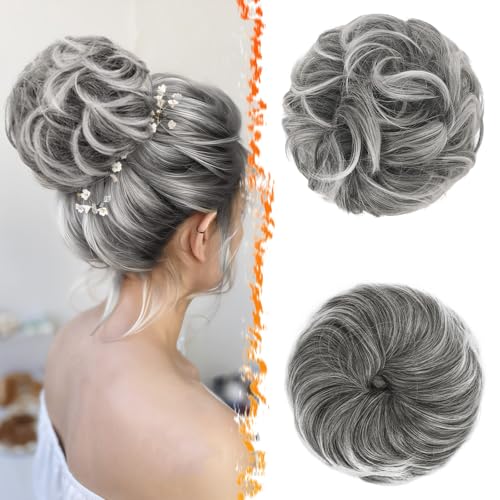 BARSDAR 2 Stücke Messy Bun Haarteil Mit Gummiband, Haar Dutt Haargummi Extensions für Damen Synthetisch Haaren Hochsteckfrisuren Dickes Haardutt Haarverlängerung Haarteile - Dunkel Grau & Weiße Tipps von BARSDAR