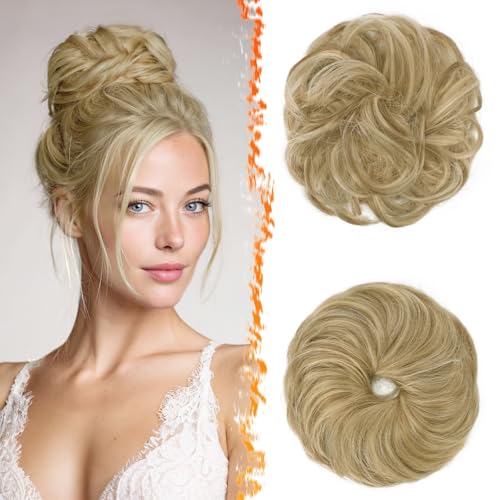 BARSDAR 2 Stücke Messy Bun Haarteil Mit Gummiband, Haar Dutt Haargummi Extensions für Damen Synthetisch Haaren Hochsteckfrisuren Haardutt Haarverlängerung Haarteile - Glodenblond Mit Highlights von BARSDAR