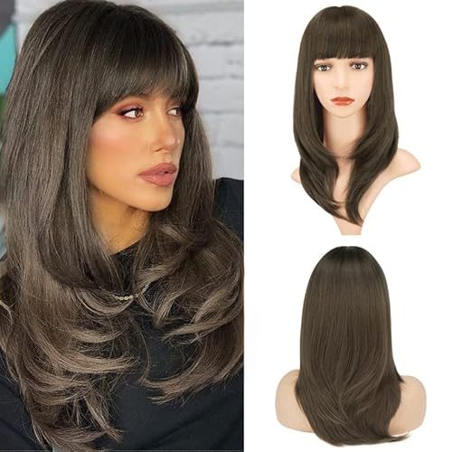 BARSDAR 20 inch Gerade Geschichtete Perücken mit Pony, Modische Hitzebeständige Synthetischen Perücken für Frauen und Mädchen Cosplay Wig with Bangs Party Täglicher Gebrauch Dunkelbraun von BARSDAR