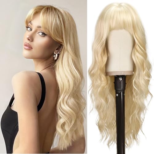 BARSDAR Lange Blond Perücke mit Pony, 66cm Lange Gewellte Perücke mit Pony für Frauen Synthetische Blond Haar Perücken Natürliches Aussehen Täglich Cosplay Party Halloween von BARSDAR