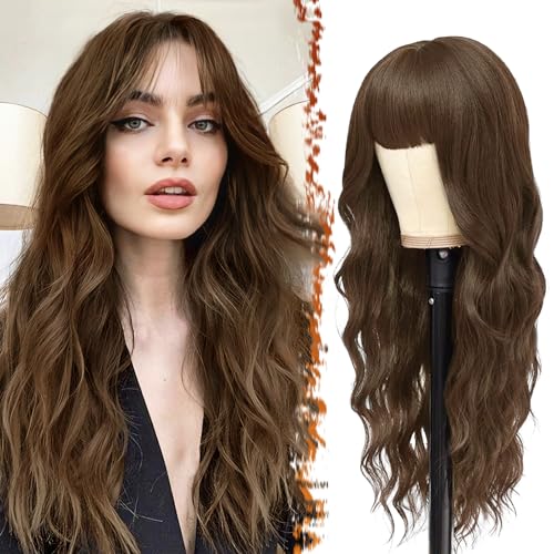 BARSDAR Lange Braun Perücke mit Pony, 66cm Lange Gewellte Perücke mit Pony für Frauen Synthetische Braun Haar Perücken Natürliches Aussehen Täglich Cosplay Party Halloween von BARSDAR