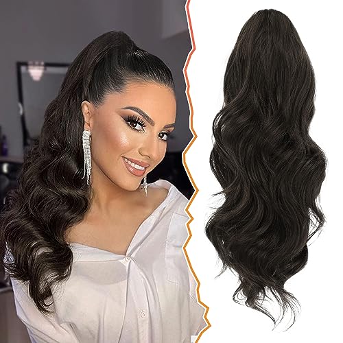 BARSDAR 40 cm Locken Kordelzug Pferdeschwanz Haarteil Haarverlängerung, Wellige Lockige Pferdeschwanz Verlängerung Synthetisches Haarteil Ponytail Extension für Frauen und Mädchen,Dunkelbraun von BARSDAR