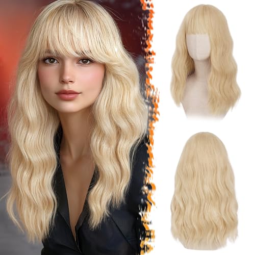 BARSDAR 46cm Gewellt Blond Perücke mit Pony, Mittel Lange Blond Perücke mit Pony für Frauen Hitzebeständig Lockige Synthetisches Schulterlange Perücke Cosplay Party - Licht Blond BARSDAR 46cm Gewellt Blond Perücke mit Pony, Mittel Lange Blond Perücke mit Pony für Frauen Hitzebeständig Lockige Synthetisches Schulterlange Perücke Cosplay Party - Licht Blond von BARSDAR