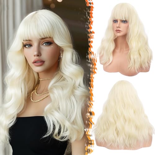 BARSDAR 46cm Gewellt Blond Perücke mit Pony, Mittel Lange Perücke mit Pony für Frauen Lockige Gewellt Synthetisches Hitzebeständig Schulterlange Perücke Cosplay Party - Platin Blond BARSDAR 46cm Gewellt Blond Perücke mit Pony, Mittel Lange Perücke mit Pony für Frauen Lockige Gewellt Synthetisches Hitzebeständig Schulterlange Perücke Cosplay Party - Platin Blond von BARSDAR