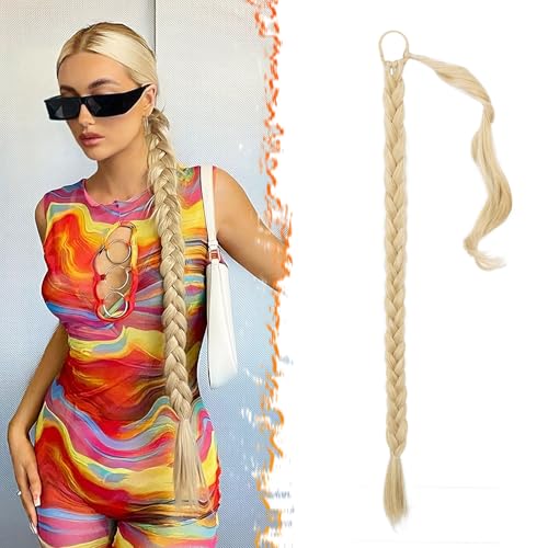 BARSDAR Braid Extensions Pferdeschwanz Haarteil mit Haargummi, 76cm Lang Glattes umwickelter Blond Zopf Hair Extension Pferdeschwanz Verlängerung Synthetik Haarteil für Frauen - Beige Blond Mix von BARSDAR