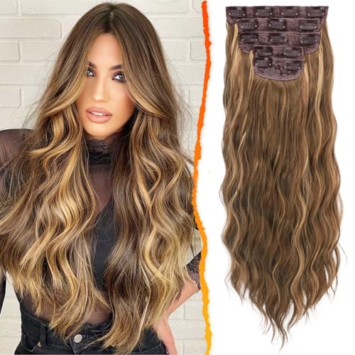 BARSDAR Clip Haare Extensions 5 STÜCKE 50CM Lange Wellige Highlights Haarverlängerungen Clip Dickes Synthetik Clip Haarteile für Frauen Mädchen Tägliche Party - Braun & Karamell Blond von BARSDAR
