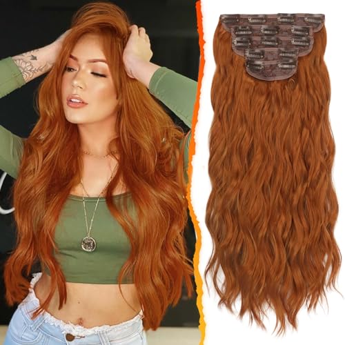 BARSDAR Clip Haare Extensions 5 STÜCKE Lange Wellige Kupferne Auburn Haarverlängerungen Clip 50CM Dickes Synthetik Haarteile für Frauen Mädchen Tägliche Party - Ingwer Kupfer von BARSDAR