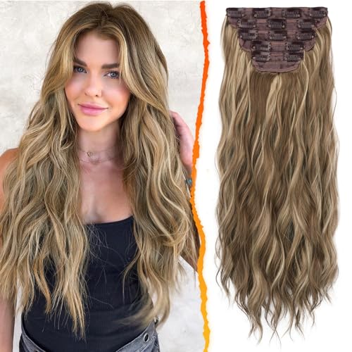 BARSDAR Clip Haare Extensions 50CM Lange Wellige Balayage Haarverlängerungen Clip 5 STÜCKE Dickes Synthetik Clip Haarteile für Frauen Mädchen Tägliche Party - Asch Braun & Blond von BARSDAR