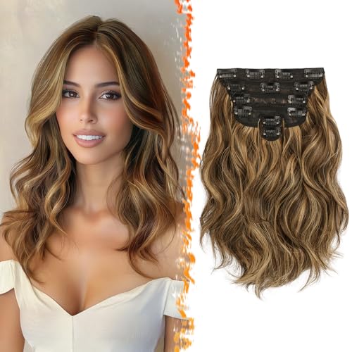 BARSDAR Clip in Extensions, 30cm Kurzes Wellige Haarverlängerung Highlight Clip in Für Damen 6PCs Natürliches Voller Kopf Dickes Synthetisches Haarteil Haarextension - Braun mit Honig Blond von BARSDAR