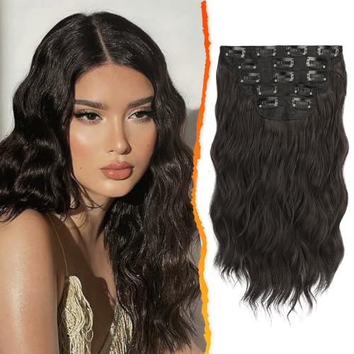 BARSDAR Clip in Extensions, 35cm Wellige Braun Haarverlängerung Clip in 5PCs Dickes Natürliche Weiches Synthetisches Haarteil Für Frauen Haarextension, Dunkelstes Braun von BARSDAR