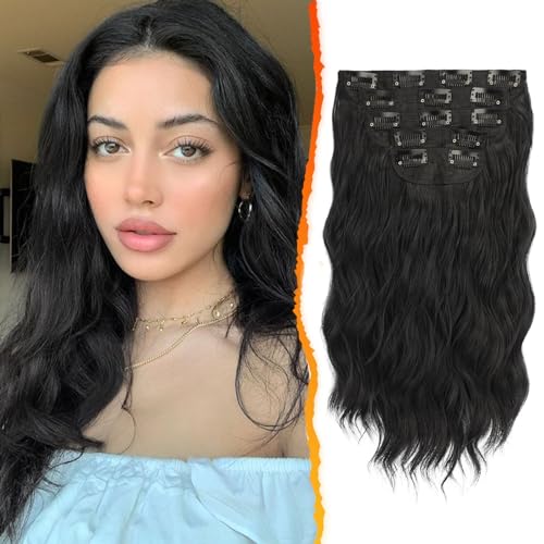 BARSDAR Clip in Extensions, 35cm Wellige Haarverlängerung Clip in Schwarz Haar 5PCs Dickes Natürliche Weiches Synthetisches Clip in Haarextension Haarteil Für Frauen, Natürliche Schwarz von BARSDAR