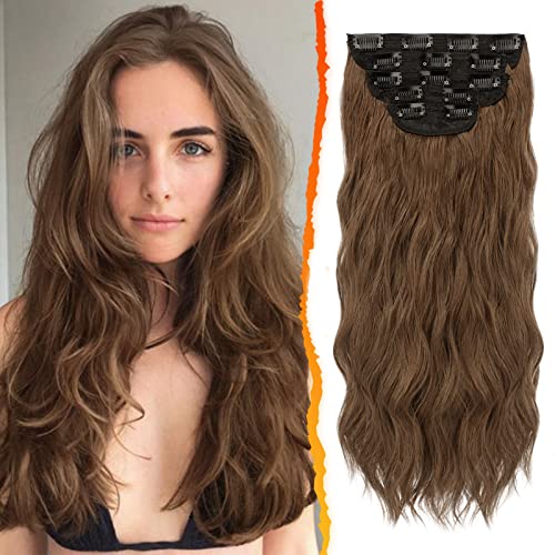 BARSDAR Clip in Extensions, 5 PCS Lange Wellige Clip in Haarverlängerungen Dickes Natürliches Weiches Synthetisches Haarteil Für Frauen Mädchen -45 cm, Dunkelbraune Mix Auburn von BARSDAR
