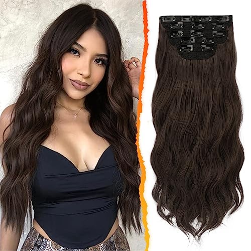 BARSDAR Clip in Extensions, 5 PCS Lange Wellige Clip in Haarverlängerungen Dickes Natürliches Weiches Synthetisches Haarteil Für Frauen Mädchen -45 cm, Dunkles Schokoladenbraun von BARSDAR