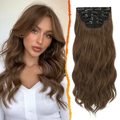 BARSDAR Clip in Extensions, 5 PCS Lange Wellige Clip in Haarverlängerungen Dickes Natürliches Weiches Synthetisches Haarteil Für Frauen Mädchen -45 cm, Goldenes Kastanienbraun von BARSDAR