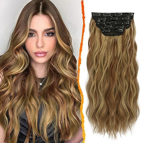 BARSDAR Clip in Extensions, 5 PCS Lange Wellige Clip in Haarverlängerungen Dickes Natürliches Weiches Synthetisches Haarteil Für Frauen Mädchen -45 cm, Toffee Brown mit goldblonden Strähnchen von BARSDAR