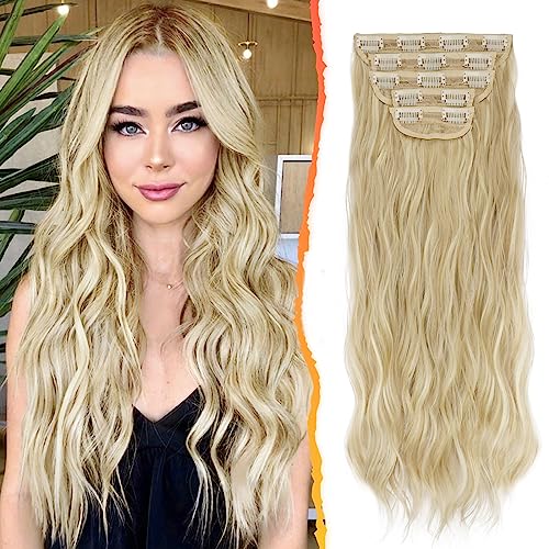 BARSDAR Clip in Extensions, 5 PCS Lange Wellige Clip in Haarverlängerungen Dickes Natürliches Weiches Synthetisches Haarteil Für Frauen Mädchen -45 cm,Helles Aschblond mit butterblonden Highlights von BARSDAR