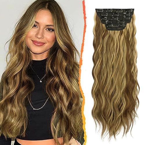 BARSDAR Clip in Extensions, 5 PCS Lange Wellige Clip in Haarverlängerungen Dickes Natürliches Weiches Synthetisches Haarteil Für Frauen Mädchen -50 cm, Goldblond mit Tabakblonden Highlights von BARSDAR