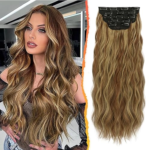 BARSDAR Clip in Extensions, 5 PCS Lange Wellige Clip in Haarverlängerungen Dickes Natürliches Weiches Synthetisches Haarteil Für Frauen Mädchen -50 cm, Toffee Brown mit goldblonden Strähnchen von BARSDAR