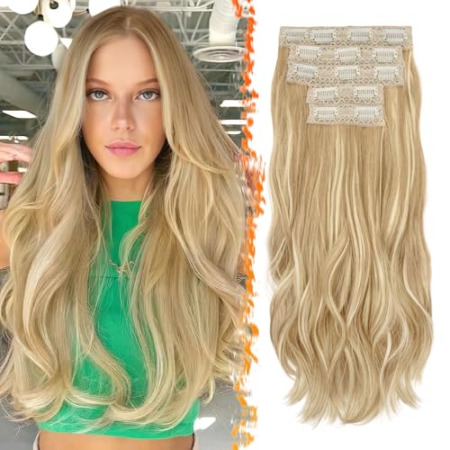 BARSDAR Clip in Extensions, 50cm Wellige Clip in Haarverlängerungen Blond für Frauen 5PCs Natürliches Hair Extensions Synthetisches Haarteil Haarextension - Hell Aschblond Gemischt von BARSDAR