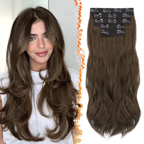 BARSDAR Clip in Extensions, 50cm Wellige Clip in Haarverlängerungen Braun für Frauen 5PCs Voller Kopf Natürliches Haar Synthetisches Haarteil Haarextension - Braun von BARSDAR