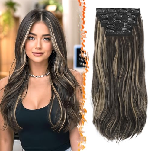 BARSDAR Clip in Extensions, 50cm Wellige Clip in Schwarz und Blond Haarverlängerungen für Frauen 5PCs Voller Kopf Natürliches Haar Synthetisches Haarteil Schwarz Mix Blond Haarextension von BARSDAR