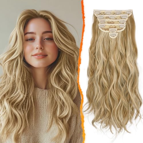 BARSDAR Clip in Extensions, 6PCs Wellige Highlight Clip in Haarverlängerungen Für Frauen 50CM Dickes Natürliches Weiches Synthetisches Clip in Haarteile - Glodenblond mit Highlights BARSDAR Clip in Extensions, 6PCs Wellige Highlight Clip in Haarverlängerungen Für Frauen 50CM Dickes Natürliches Weiches Synthetisches Clip in Haarteile - Glodenblond mit Highlights von BARSDAR