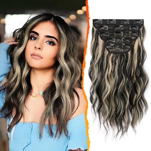 BARSDAR Clip in Extensions 35cm Highlight Wellige Clip in Haarverlängerung Für Frauen 5PCs Dickes Natürliche Weiches Synthetisches Haarteil Haarextension, Schwarz Mix Blond BARSDAR Clip in Extensions 35cm Highlight Wellige Clip in Haarverlängerung Für Frauen 5PCs Dickes Natürliche Weiches Synthetisches Haarteil Haarextension, Schwarz Mix Blond von BARSDAR