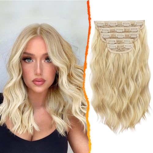 BARSDAR Clip in Extensions 35cm Wellige Blond Haarverlängerung Clip in 5PCs Dickes Natürliche Weiches Synthetisches Clip in Haarteil Für Frauen Haarextension, Helles Asch Blond Mix von BARSDAR