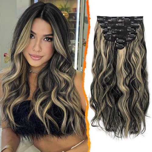 BARSDAR Clip in Extensions, 40CM Highlight Wellige Clip in Haarverlängerungen Für Frauen 6PCs Dickes Natürliches Weiches Synthetisches Clip in Haarteile Haare Extensions - Schwarz mit Highlights BARSDAR Clip in Extensions, 40CM Highlight Wellige Clip in Haarverlängerungen Für Frauen 6PCs Dickes Natürliches Weiches Synthetisches Clip in Haarteile Haare Extensions - Schwarz mit Highlights von BARSDAR