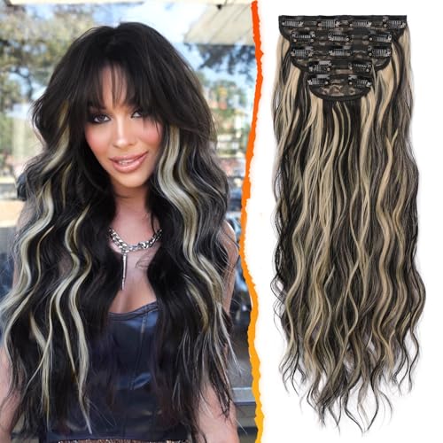 BARSDAR Clip in Extensions 50cm Highlight Wellige Clip in Haarverlängerung Für Frauen 5PCs Dickes Natürliche Weiches Synthetisches Haarteil Haarextension, Schwarz Mix Blond BARSDAR Clip in Extensions 50cm Highlight Wellige Clip in Haarverlängerung Für Frauen 5PCs Dickes Natürliche Weiches Synthetisches Haarteil Haarextension, Schwarz Mix Blond von BARSDAR