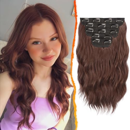 BARSDAR Clip in Extensions 5PCs Wellige Kastanien Haarverlängerung Clip in 35cm Dickes Natürliche Weiches Synthetisches Clip in Haarteil Für Frauen Haarextension, Kupfer Kastanien von BARSDAR