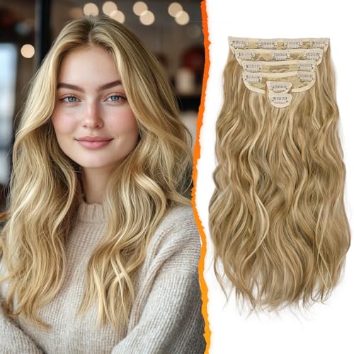 BARSDAR Clip in Extensions - 6PCs Wellige Highlight Haarverlängerungen Für Frauen, 40CM Dickes Natürliches Weiches Synthetisches Haarteile - Glodenblond Mit Highlights BARSDAR Clip in Extensions - 6PCs Wellige Highlight Haarverlängerungen Für Frauen, 40CM Dickes Natürliches Weiches Synthetisches Haarteile - Glodenblond Mit Highlights von BARSDAR