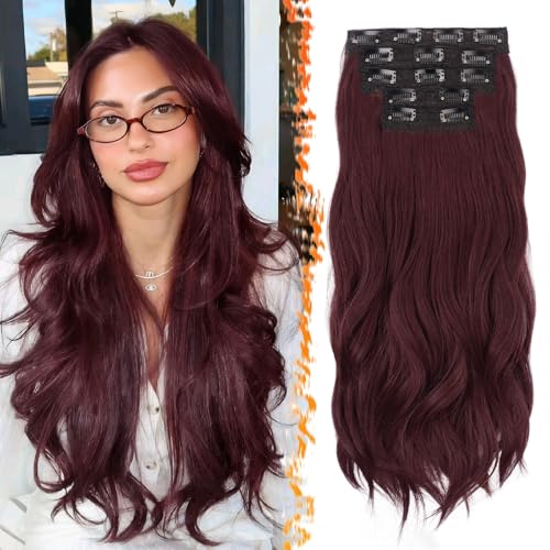 BARSDAR Clip in Extensions Rot 50cm Wellige Clip in Haarverlängerungen für Frauen 5PCs Voller Kopf Hair Extensions Synthetisches Haarteil Haarextension - Dunkel Burgunder Gemischtes von BARSDAR
