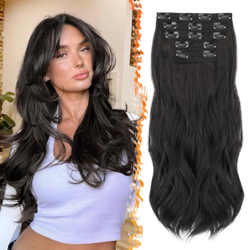 BARSDAR Clip in Extensions Schwarz Braun, 50cm Wellige Clip in Haarverlängerungen für Frauen 5PCs Voller Kopf Hair Extensions Synthetisches Haarteil Haarextension - Schwarz Braun von BARSDAR