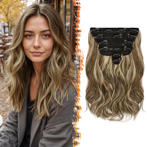 BARSDAR Clip in Haarverlängerung - 30cm Kurzes Welliges Extensions Highlight Für Damen, 6PCs Voller Kopf Dickes Synthetisches Haarteil - Mittel Braun & Blond von BARSDAR