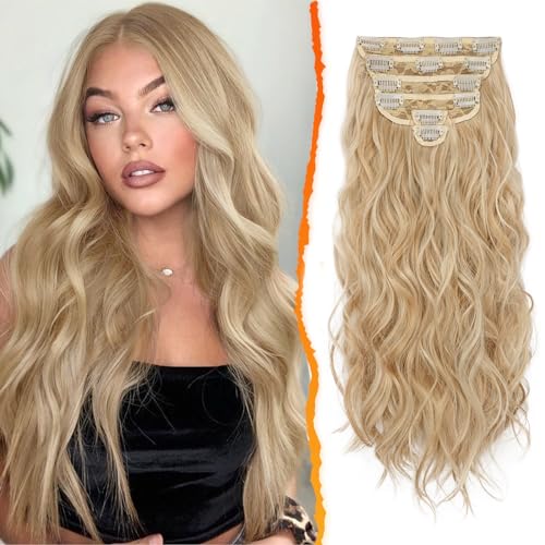 BARSDAR Clip in Haarverlängerung, 50CM Lang Wellig Blond Haarextension Clip in 6PCs Voller Kopf Dickes Synthetisches Clip in Extensions Haarteil Für Damen (Honig Blond Mix) von BARSDAR