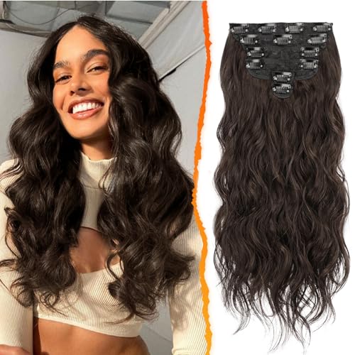 BARSDAR Clip in Haarverlängerung, 50CM Lang Wellig Braun Haarextension Clip in 6PCs Voller Kopf Dickes Synthetisches Clip in Extensions Haarteil Für Damen (Dunkel Braun) von BARSDAR