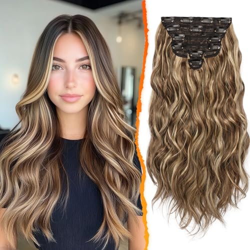BARSDAR Clip in Haarverlängerung, 50CM Lang Wellig Highlight Haarextension Clip in 6PCs Voller Kopf Dickes Synthetisches Clip Extensions Haarteil Für Damen (Mittel Braun & Blond) von BARSDAR