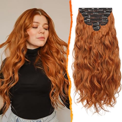 BARSDAR Clip in Haarverlängerung, 50CM Lang Wellig Kupfer Haarextension Clip in 6PCs Voller Kopf Dickes Synthetisches Clip in Extensions Haarteil Für Damen Tägliches Party (Ingwer Kupfer) von BARSDAR